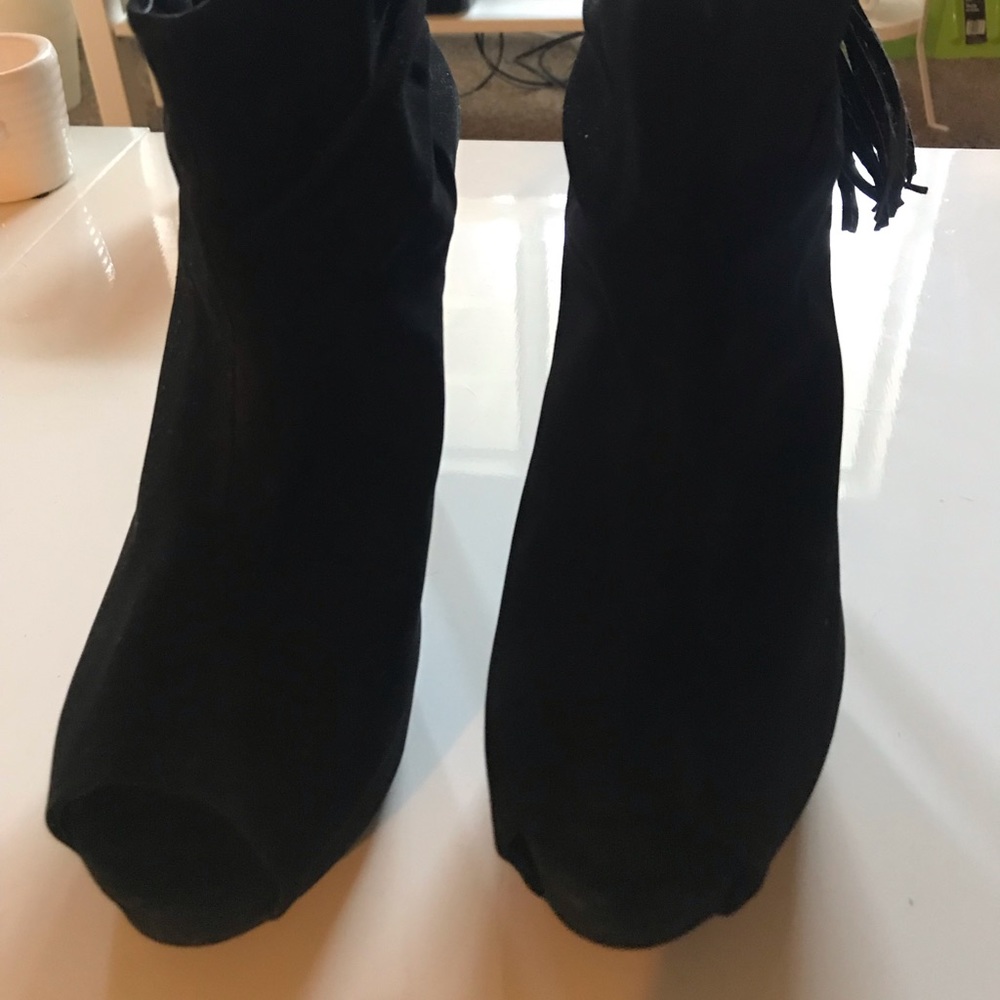Black suede peep toe booties
